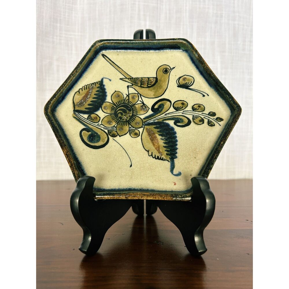 Vintage Ken Edwards Hexagonal Pottery Dish Hand Painted Mexican Tonala Stoneware